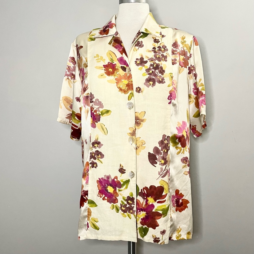 David Dart Collection Short Sleeve Silk And Linen Floral Button Down Blouse